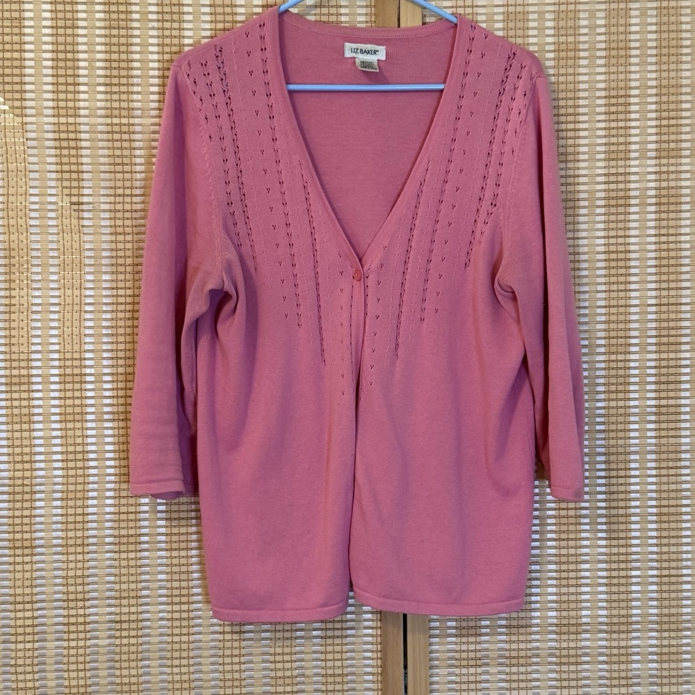 Liz Baker Womens M‎ Cardigan Pink 3/4 Sleeve Eyelet Barbie Preppy Office Granny